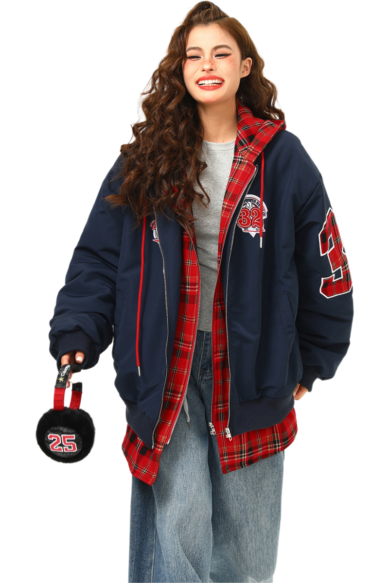 lettered plaid hoodie jacket