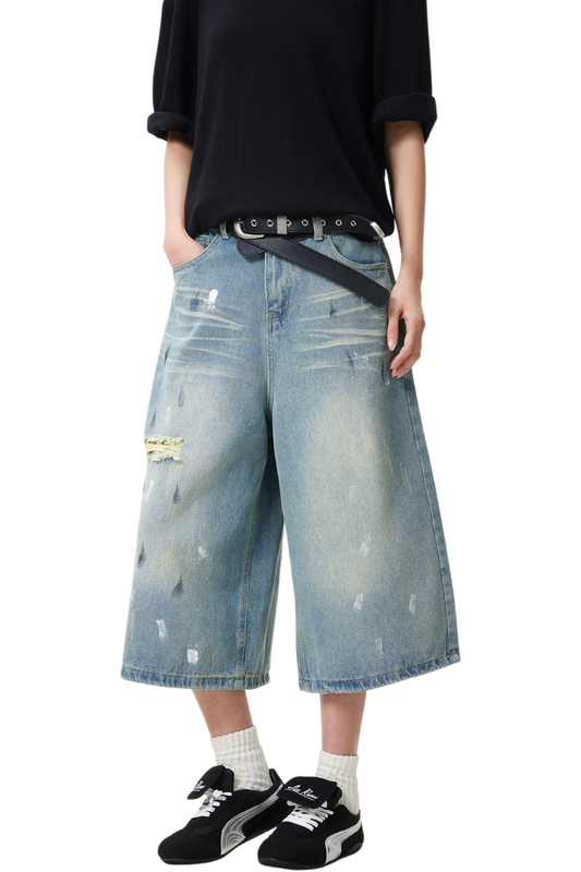 paint splash denim shorts