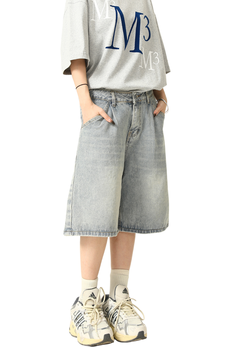 washed loose denim shorts