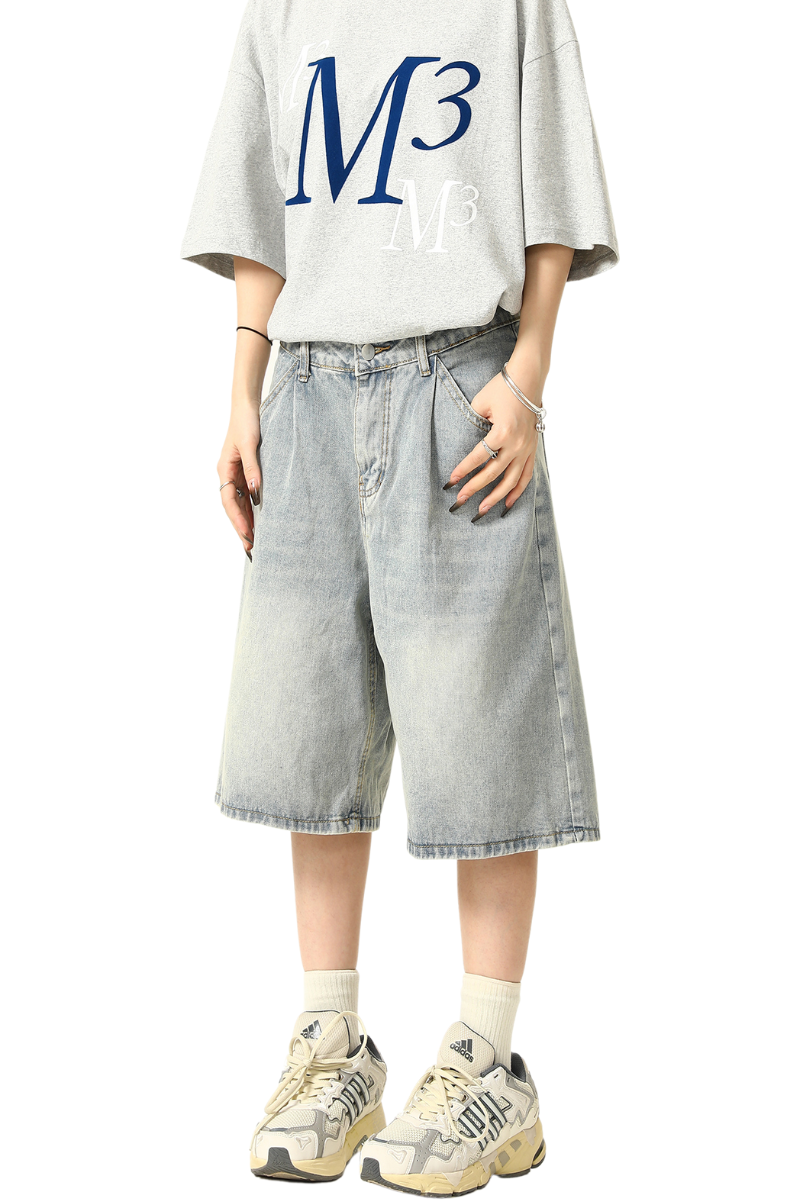 washed loose denim shorts