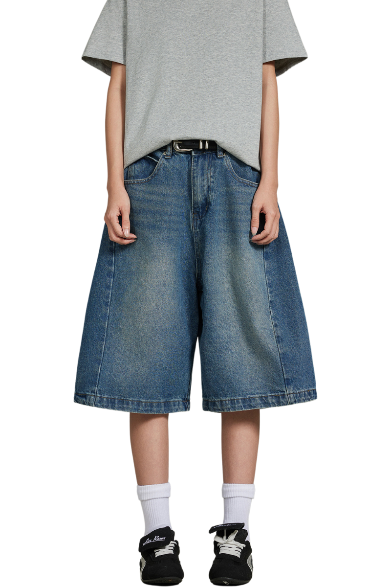 washed flare denim shorts