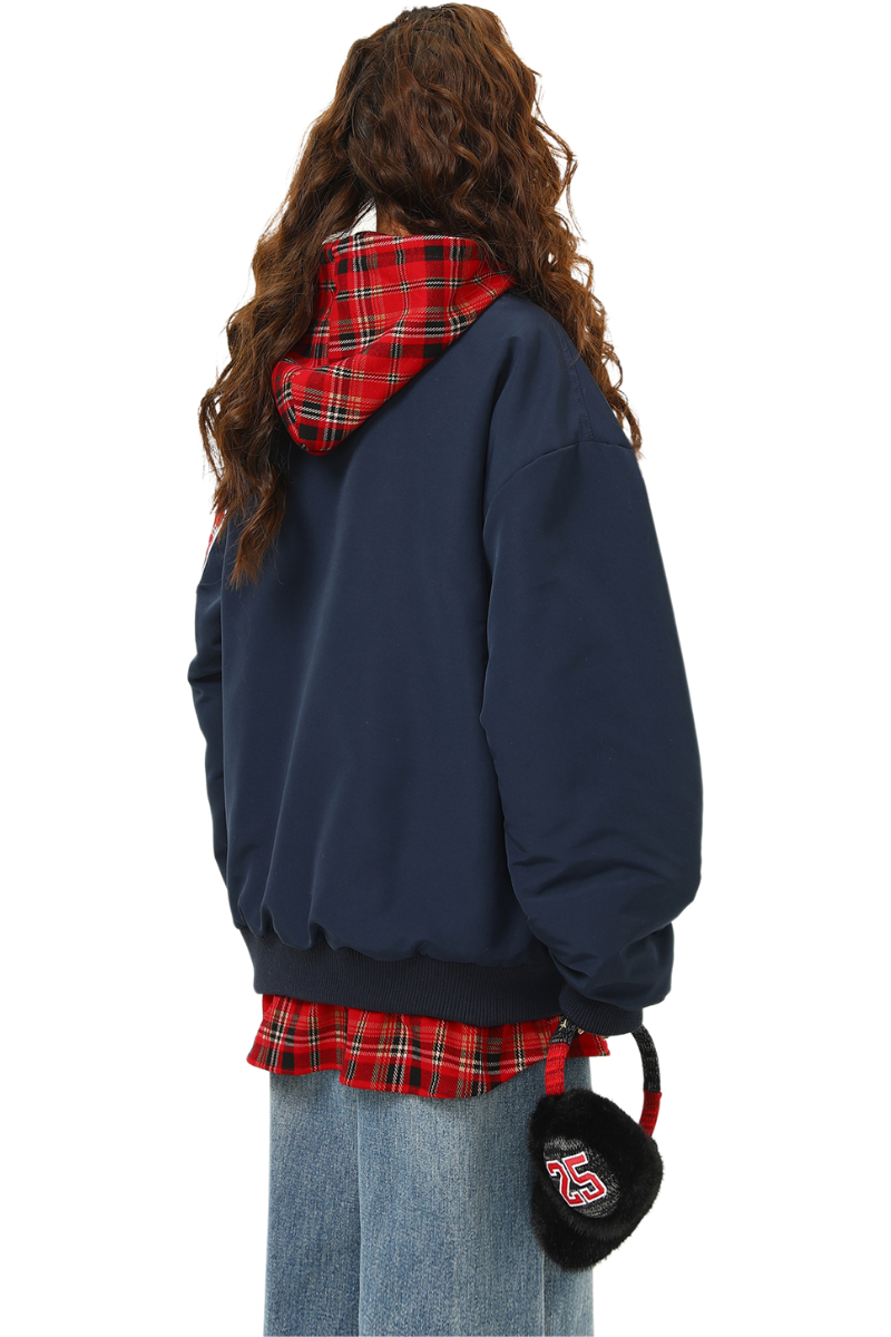 lettered plaid hoodie jacket
