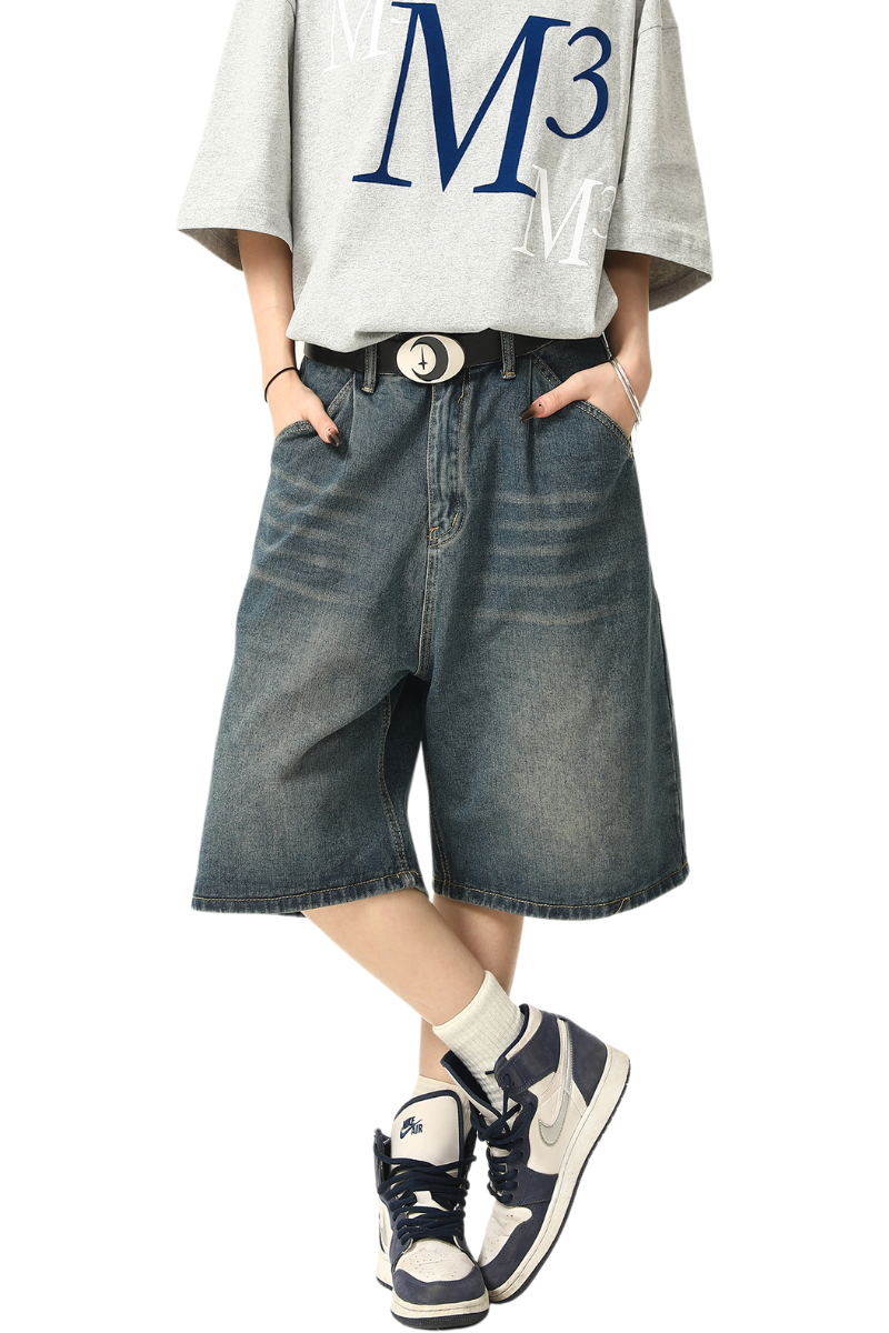 washed loose denim shorts