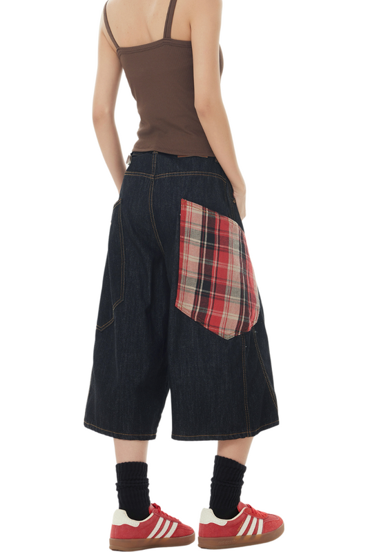 plaid patch wide denim shorts