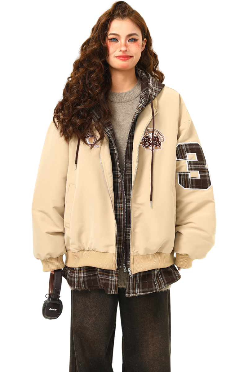lettered plaid hoodie jacket