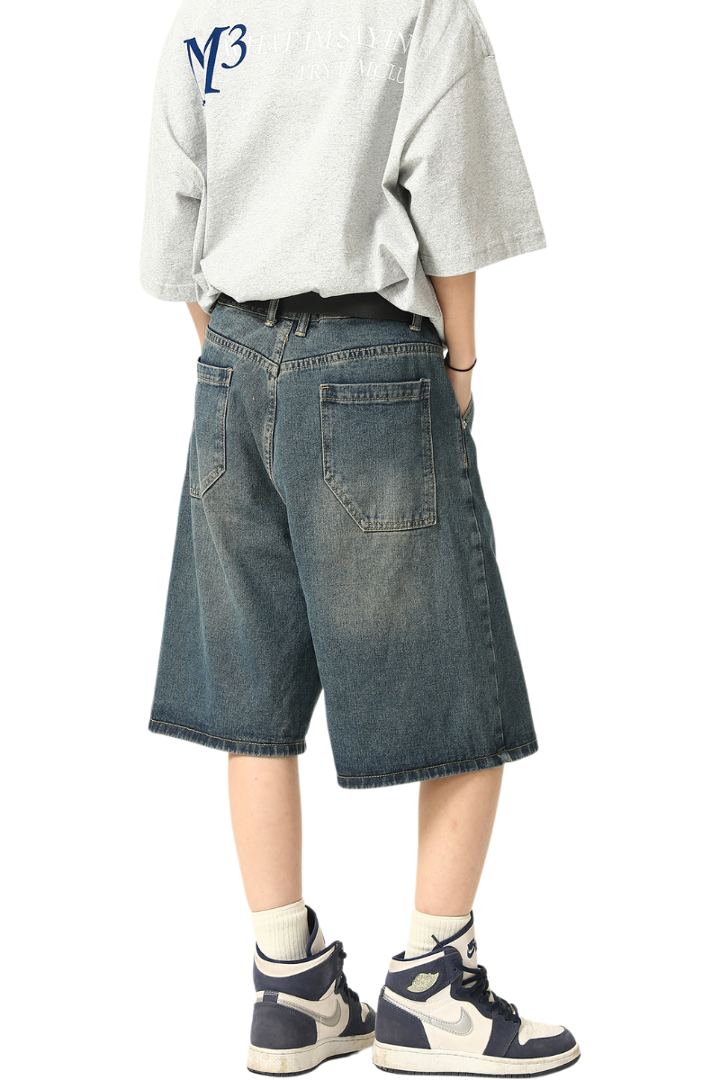washed loose denim shorts