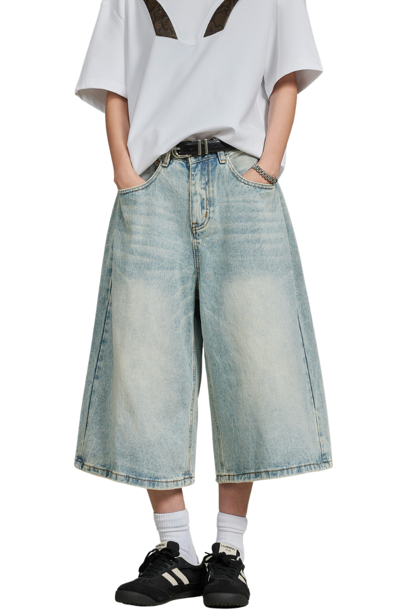 washed wave denim shorts
